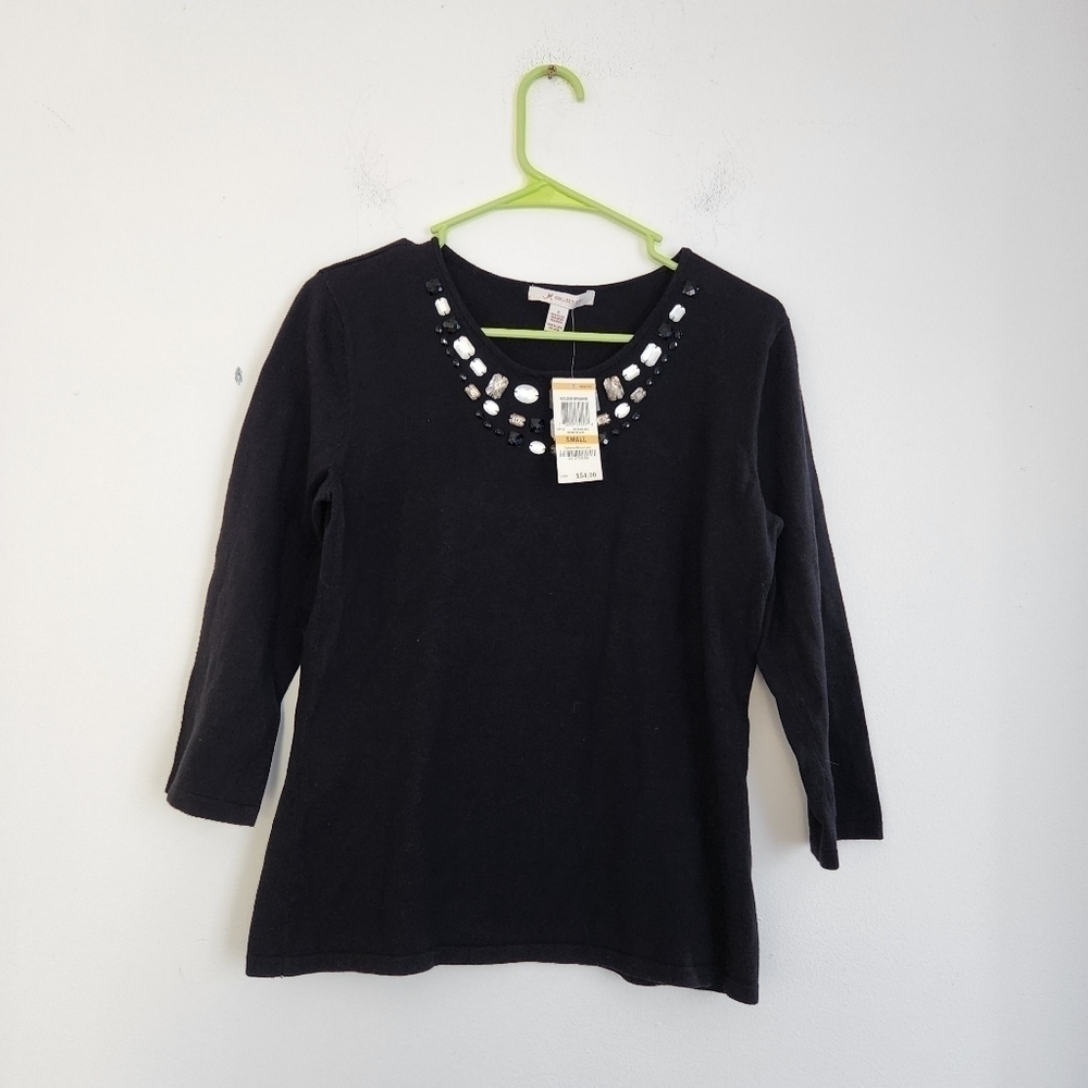 NWT JM Collection Black Cotton Embellished Rhinestone 3/4 Sleeve Sweater s.Small